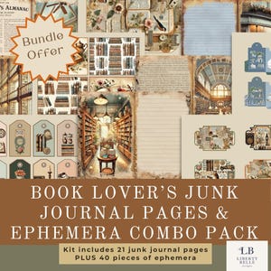 Puede incluir: Un kit de collage digital para diarios de chatarra y scrapbooking. El kit incluye 21 páginas y 40 piezas de efímeras con un tema de amante de los libros. El collage presenta imágenes de libros, una biblioteca y otros elementos relacionados con los libros.