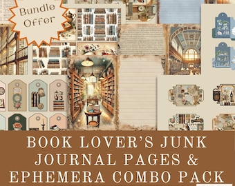 Op de afbeelding: Een digitale collagekit voor junk journals en scrapbooking. De kit bevat 21 pagina's en 40 ephemera-elementen met een boekliefhebbersthema. De collage bevat afbeeldingen van boeken, een bibliotheek en andere boekgerelateerde elementen.