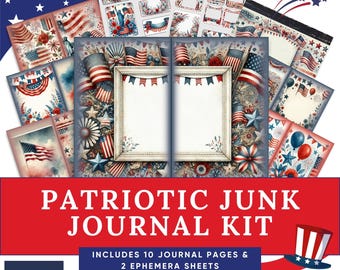 Printable Patriotic Junk Journal Kit | 4th of July Printable Pages & Ephemera | Red White Blue | Americana Scrapbook | Patriotic Ephemera