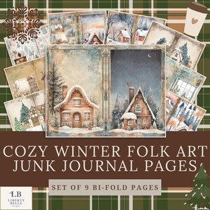 Puede incluir: Conjunto de nueve páginas de diario de chatarra plegadas en dos, con ilustraciones de acuarela de escenas acogedoras de invierno con casas, árboles y nieve. Las páginas están diseñadas para su uso en scrapbooking, creación de tarjetas y otras manualidades de papel.