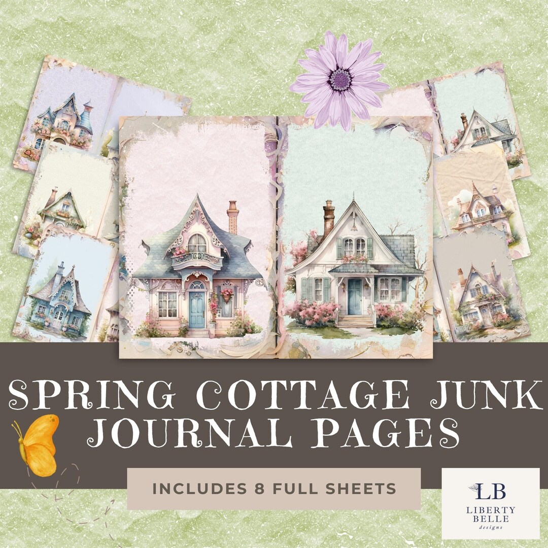 Printable Whimsical Cottage Theme Junk Journal Page | Set of 8 Bi-fold ...