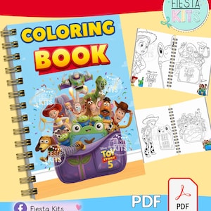 Puede incluir: Un libro para colorear con encuadernación en espiral que muestra personajes de Toy Story 5 en la portada, incluidos Woody, Buzz Lightyear y Jessie saliendo de una mochila morada. La portada muestra el texto Coloring Book y Toy Story 5. 40 hojas.