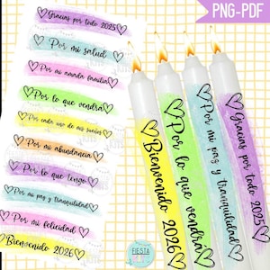 Puede incluir: Un conjunto de velas coloridas con texto en español, incluyendo "Bienvenido 2026" y "Gracias por todo 2025." Cada vela tiene un diseño de corazón y una llama encendida. La imagen también muestra tiras de texto con frases.