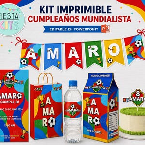 Puede incluir: Un kit de fiesta de cumpleaños imprimible con temática de fútbol en colores rojo, azul, amarillo y verde. Incluye una guirnalda de banderines con el nombre AMARO, una invitación rectangular, una bolsa de regalo, una etiqueta y un adorno de pastel.