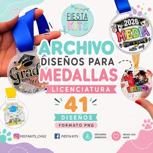 May include: A digital collection of 41 PNG designs for graduation medals, featuring various colorful graphics, graduation caps, and text such as "2026 MEDIA," "Grad," and "BASICO." The display includes circular medal templates with blue, yellow, and gold ribbons.