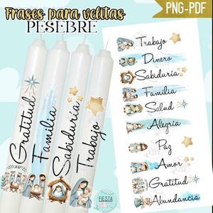 Puede incluir: Velas blancas con ilustraciones y texto de temática religiosa. Las velas tienen las palabras "Gratitud", "Familia", "Sabiduria" y "Trabajo". Una hoja de papel enumera palabras adicionales como "Trabajo", "Dinero" y "Sabiduria".