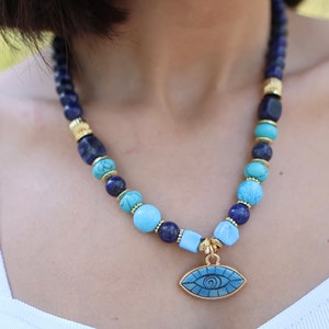Lapis Lazuli Necklace Evil Eye Necklace , Mother’s Day Gift, Special Gifts for Women, Gemstone Charm Necklace , Minimalist Jewelry