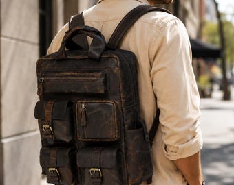 Buffalo Hide Leather Backpack: Vintage Travel Laptop Rucksack