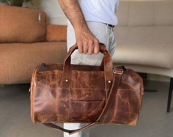 Personalized Leather Duffle Bag: 18" Full Grain Weekender Travel Bag