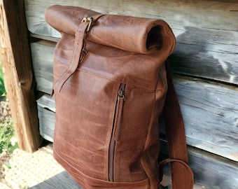 Personalized leather backpack men leather rucksack college Roll top backpack gift him birthday women brown 16" inches 15" laptop computer