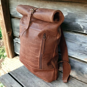 Personalized leather backpack men leather rucksack college Roll top backpack gift him birthday women brown 16" inches 15" laptop computer