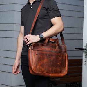 Rustic Buffalo Leather Messenger Bag: Versatile Laptop Briefcase for Men & Women - Handmade Gift