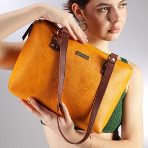 Yellow Python Print Leather Tote Bag: Handmade Women's Work Bag