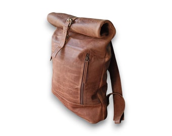 Personalized leather backpack men leather rucksack college Roll top backpack gift him birthday women brown 16" inches 15" laptop computer