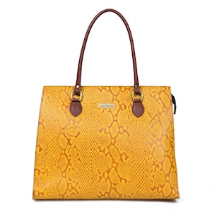 May include: A yellow snakeskin-patterned leather tote bag with brown leather handles and a gold metal zipper. The bag has a gold metal logo that says "SAINT  BAG".