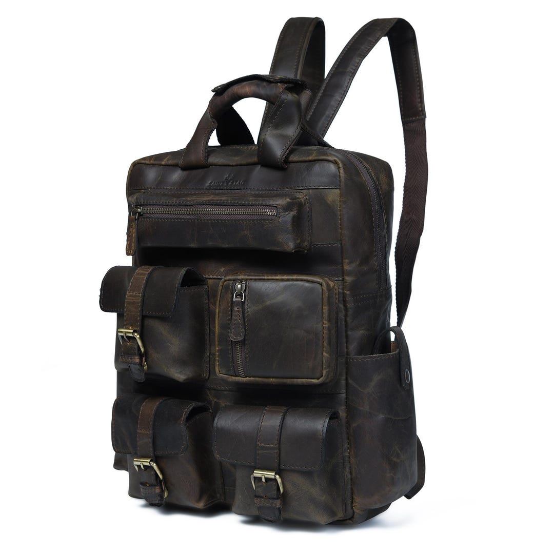 Buffalo Hide Leather Backpack: Vintage Travel Laptop  display picture 3
