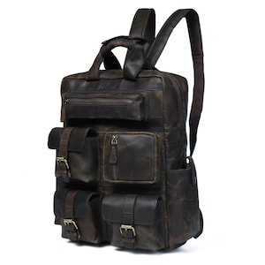 Leather Backpack, Travel Rucksack, Vintage Laptop Bag, Hiking School College Backpack, Outdoor Shoulder Daypack for Men (Dark Brown)