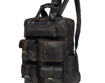 Leather Backpack, Travel Rucksack, Vintage Laptop Bag, Hiking School College Backpack, Outdoor Shoulder Daypack for Men (Dark Brown)