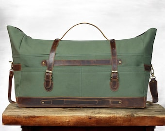 Canvas Leather Travel Duffel: Olive Green Weekender Bag