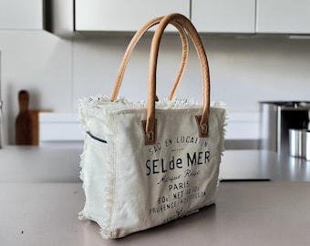 Handmade Canvas Handbag with leather handles, Upcycled Handmade Accessory | Myra Bag