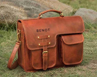 Leather Laptop Messenger Bag | Vintage Mens Satchel, Crossbody Work Briefcase — Custom Personalized Handmade Travel