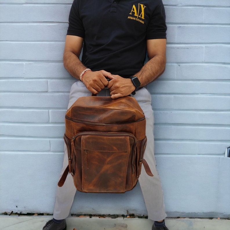 Leather laptop backpack, computer black genuine leather carrier, back pack leather laptop unisex traveling bag Dark Tan