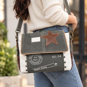 Upcycled Canvas Messenger Bag | Vintage Star Leather Crossbody Bag | Upcycled Canvas Messenger
