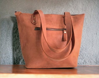 Fourre-tout en cuir cognac personnalisé, sac fourre-tout en cuir, sac fourre-tout en cuir, petit sac fourre-tout, sac à bandoulière pour femme, cadeau pour petite amie, sac à provisions