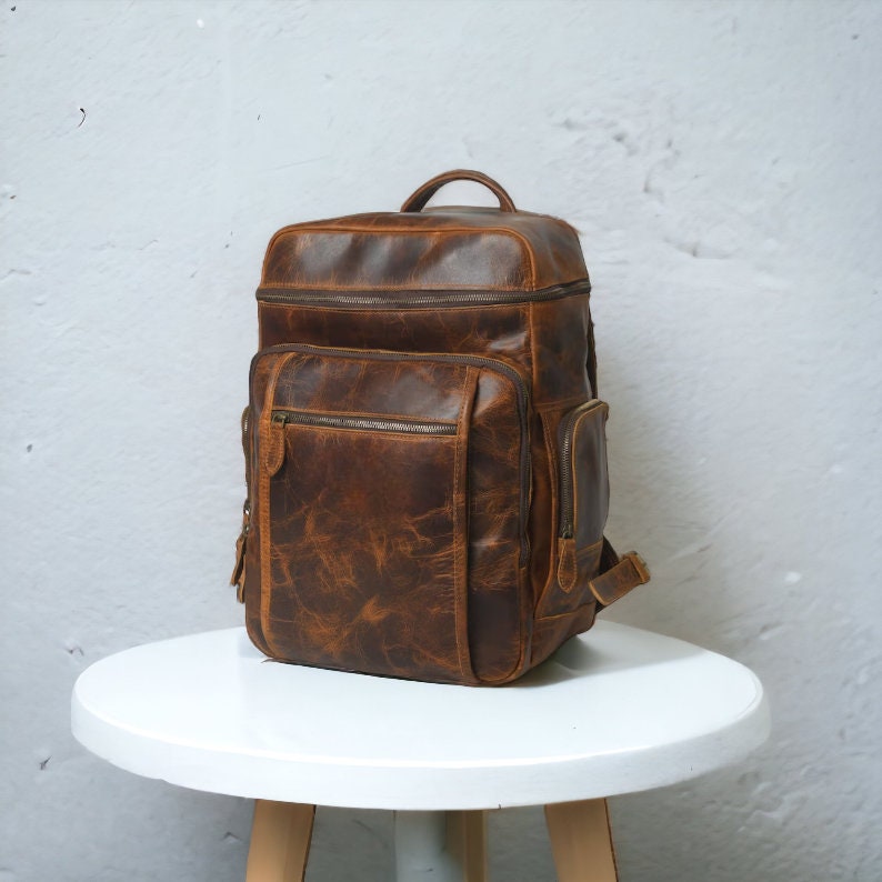 Leather laptop backpack, computer black genuine leather carrier, back pack leather laptop unisex traveling bag image 1