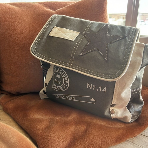 Vintage Star Leather Crossbody Bag: Upcycled Canvas