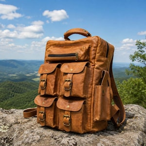 Puede incluir: Una mochila de cuero color canela con un asa superior, un bolsillo horizontal con cremallera y cuatro bolsillos frontales asegurados con hebillas y cierres a presión en tono latón. Incluye un bolsillo lateral y correas ajustables.