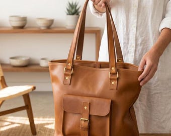 Personalized Leather Tote Bag: Large Brown Work Bag with Pockets, leather handbag for womens, gift for girls, college bag