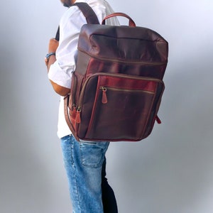 Leather laptop backpack, computer black genuine leather carrier, back pack leather laptop unisex traveling bag Dark Maroon
