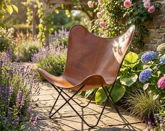 Handmade Leder Schmetterling Stuhl: Retro Lounge Akzent für Terrasse & Wohnzimmer