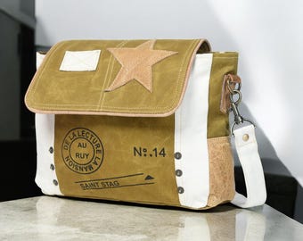 Vintage Star Leather Crossbody Bag | Upcycled Canvas Messenger