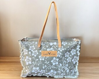 Overnight Bag for Women | Green & Floral | Large Canvas Tote | Multi-use Travel, Grocery, Purse | Cute Gift for her