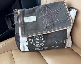 Vintage Star Leather Crossbody Bag | Upcycled Canvas Messenger
