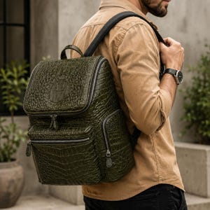 Può includere: Uno zaino verde oliva scuro caratterizzato da una texture a motivo pelle di coccodrillo. La borsa presenta una maniglia superiore, un ampio scomparto principale con chiusura a zip, una tasca frontale e tasche laterali con tiretti in pelle.