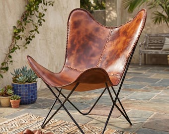 Silla mariposa de cuero / Silla vintage, Silla auxiliar / Sillón bohemio — Decoración rústica para el hogar