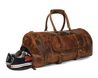 Full Grain Leather Weekender Bag: Men's Travel Duffel with Shoe Compartment