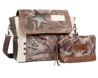 Vintage Star Leather Crossbody Bag | Upcycled Canvas Messenger