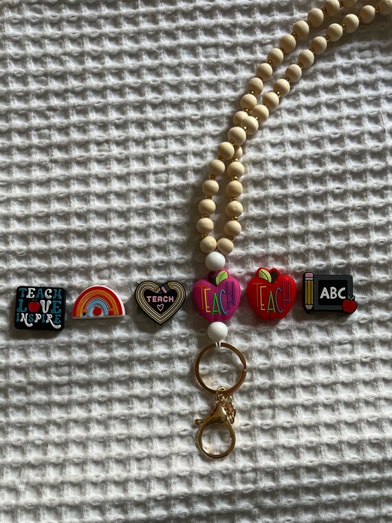 Teacher lanyard, wooden bead lanyard, teacher aesthetic, lanyard, apple lanyard, breakaway clasp, teach love inspire