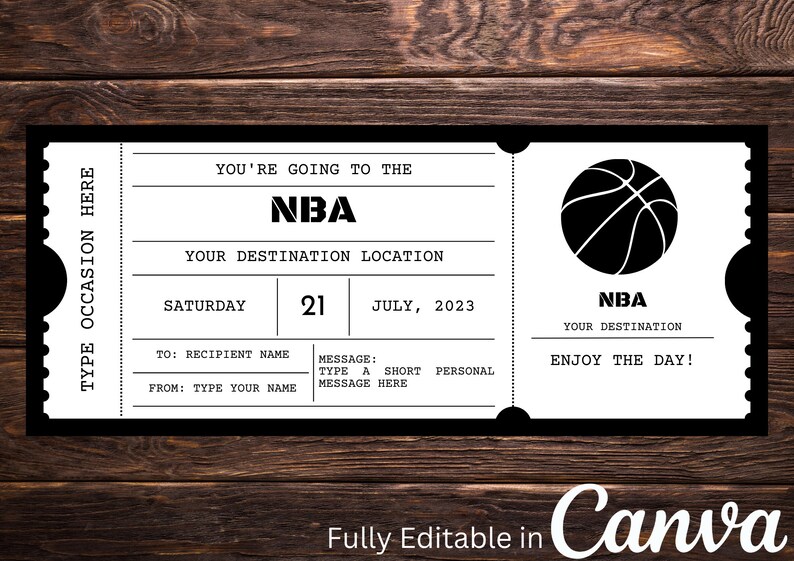 Basketball NBA Ticket Editable, NBA Basketball Gift Voucher Certificate ...