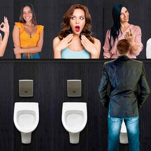 Op de afbeelding: Een humoristische afbeelding van een man in een openbaar toilet met urinoirs, tegenover een rij vrouwen met verschillende uitdrukkingen. De vrouwen bevinden zich boven de urinoirs. De achtergrond is donkere houten lambrisering.
