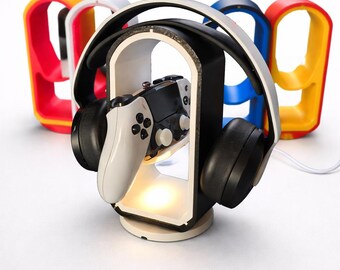 Headset & Controller Holder with LED Lighting – Gaming Stand – Controller Stand – Headset Holder – Interchangeable Inlay