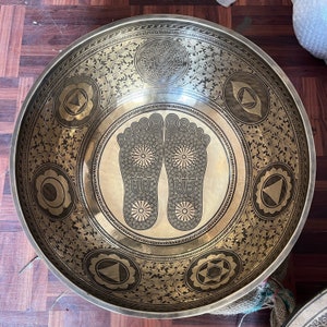 20 inches Buddha Feet Carving Bowl | Large Standing Singing Bowl | Handmade Hand Hammered Bowl | Big Deep Resonance Sound Vibrations Bowl |