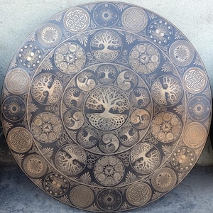 Large Handmade Tibetan Gong: Tree of Life Carving, Sound Healing (35/39 inch)