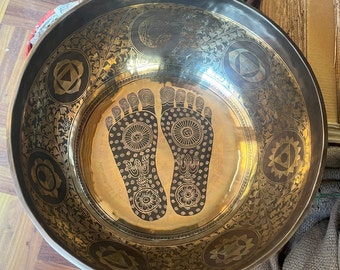 Handmade Extra Large Singing Bowl: Buddha Feet Carving, Sound Therapy