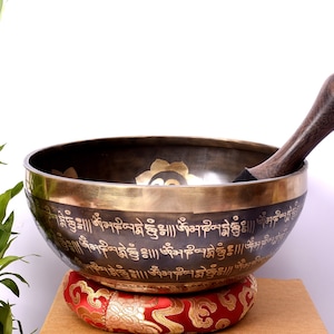 9 inch Flower of Life and Mantra Carving Bowl | Deep Smooth Sound Vibration Bowl | Tibetan Handmade Singing Bowl | Himalayan Singing Bowl