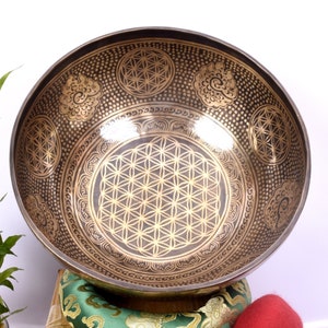 12 Inch Flower of Life Singing Bowl: Tibetan Healing Bowl with Mallet & Cushion